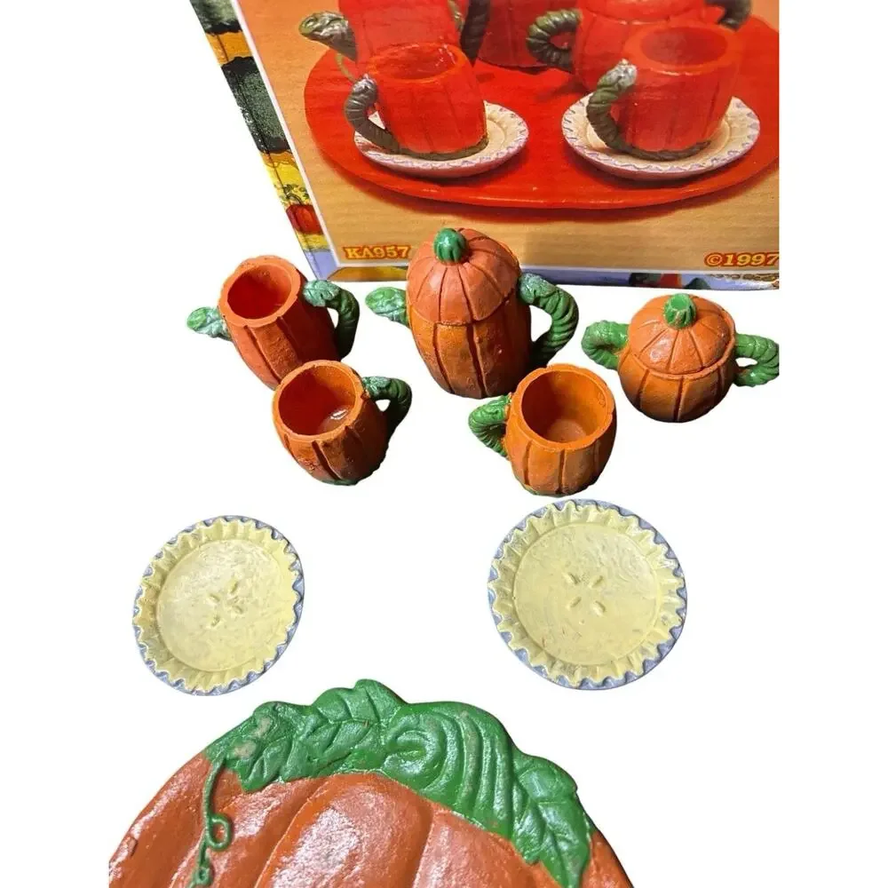 Vintage 90s Hermitage Pottery 10 Piece Mini Tea Set Pumpkin Halloween